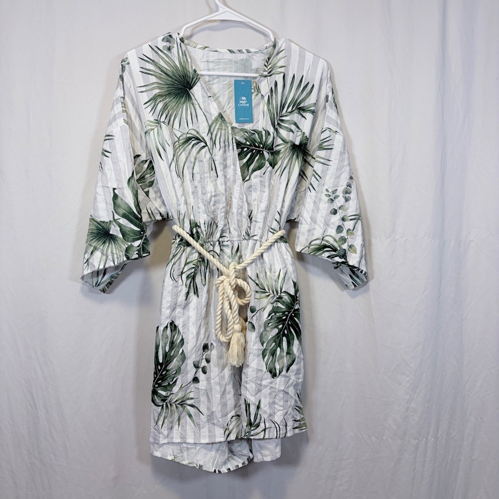 CUPSHE Cover Up Tropical Palm Leaf Striped Rope Belt‎ Green White Size S